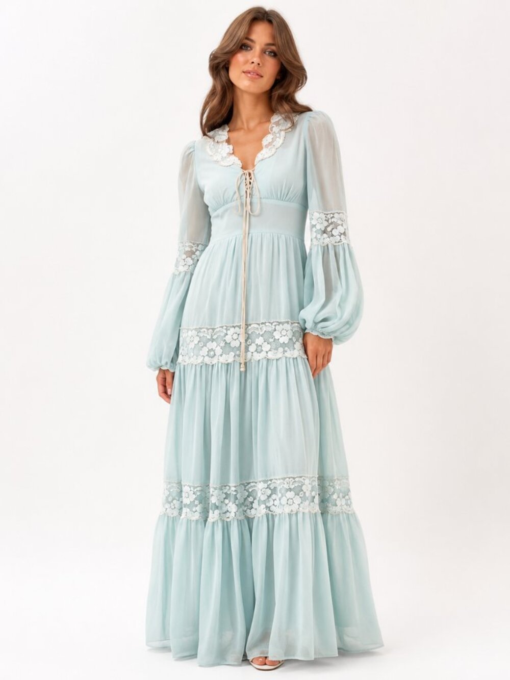 VINTAGE 70s Gunne Sax Lace Maxi Prairie Boho Long Dress Blue XS